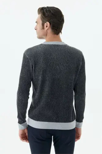 Siyah Comfort Fit Desenli Bisiklet Yaka Triko - 5