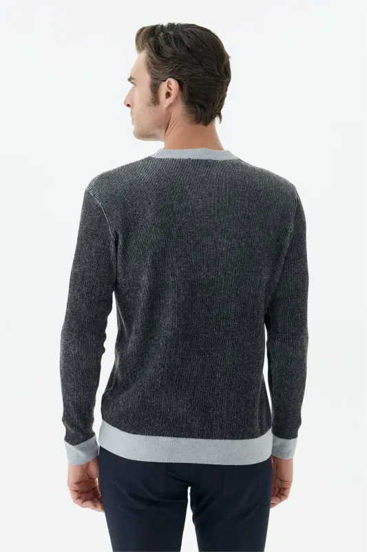 Siyah Comfort Fit Desenli Bisiklet Yaka Triko - 5