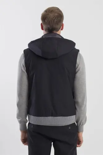 Siyah Comfort Fit Desenli Çıkarılabilir Kapüşonlu Yelek - 4
