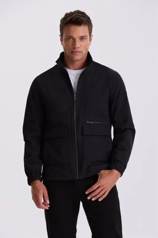 Siyah Comfort Fit Dik Yaka Mevsimlik Mont - 2