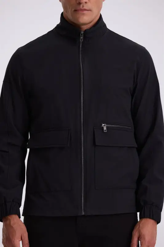 Siyah Comfort Fit Dik Yaka Mevsimlik Mont - 3