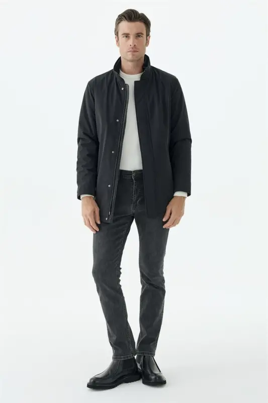 Siyah Comfort Fit Dik Yaka Mont - 1