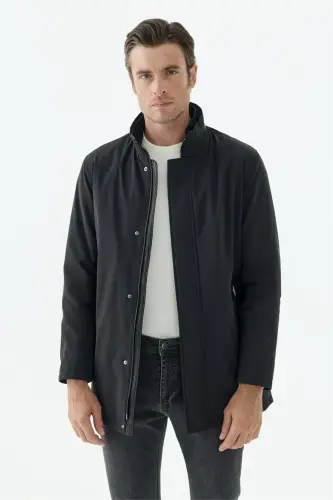 Siyah Comfort Fit Dik Yaka Mont - 4