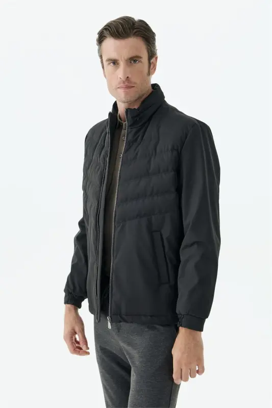 Siyah Comfort Fit Dik Yaka Spor Mont Mont - 3