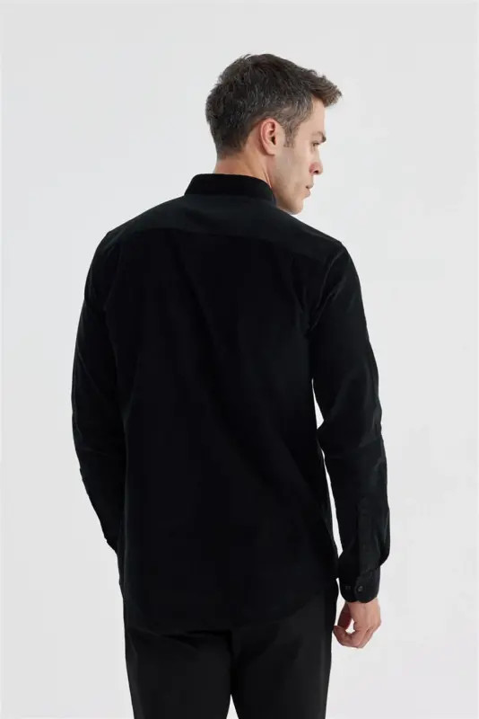 Siyah Comfort Fit Düğmeli Yaka %100 Pamuklu Kadife Gömlek - 4