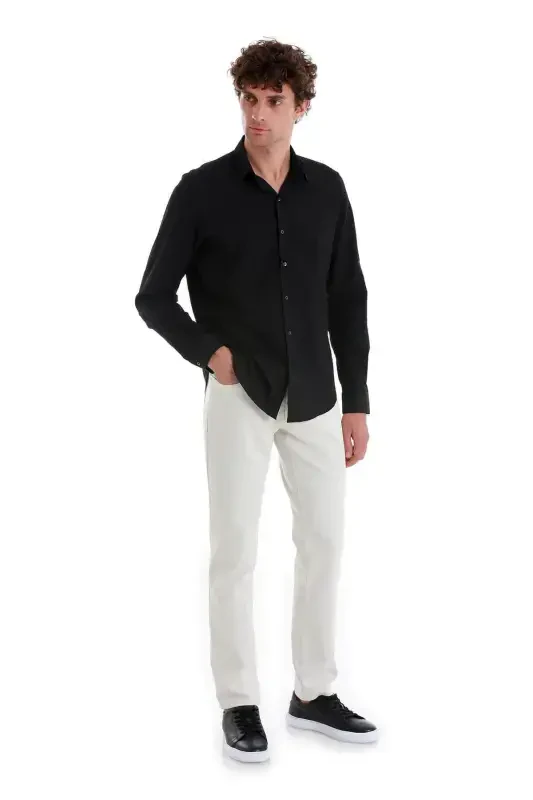 Siyah Comfort Fit Düz 100% Pamuk Slim Yaka Uzun Kollu Spor Gömlek-Siyah01 - 1