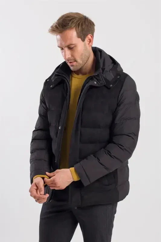 Siyah Comfort Fit Kapüşonlu Şişme Mont - 3