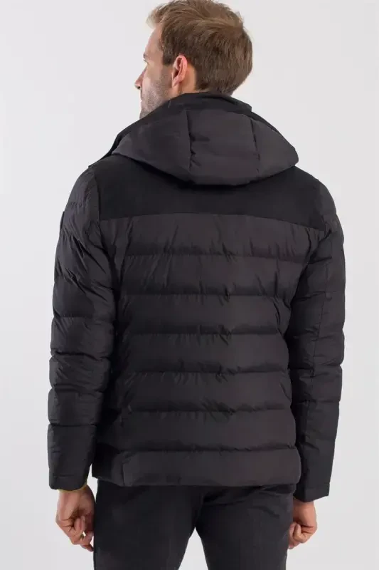 Siyah Comfort Fit Kapüşonlu Şişme Mont - 4