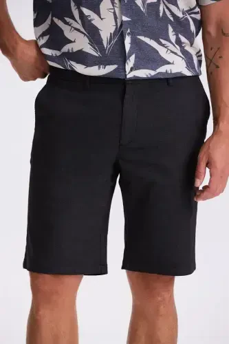 Siyah Comfort Fit Keten Dokulu Rahat Kesim Pamuklu Şort - JAKAMEN (1)