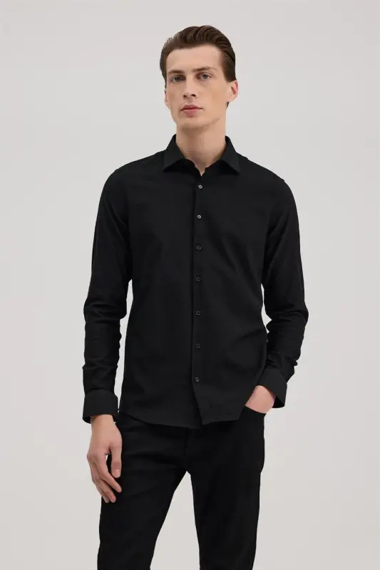 Siyah Comfort Fit Klasik Yaka Kendinden Desenli Gömlek - 1