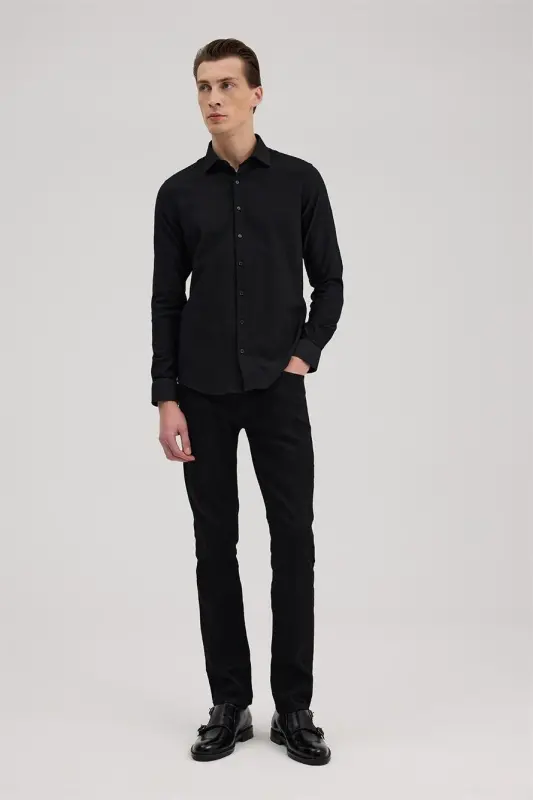 Siyah Comfort Fit Klasik Yaka Kendinden Desenli Gömlek - 2