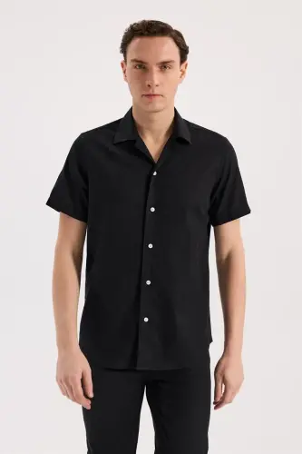 Siyah Comfort Fit Klasik Yaka Kısa Kol Gömlek - 1