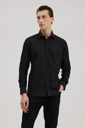 Siyah Comfort Fit Klasik Yaka Pamuk Karışımlı Gömlek 