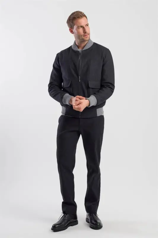 Siyah Comfort Fit Kolej Yaka Çizgili Mont - 2