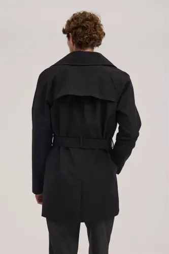 Siyah Comfort Fit Kruvaze Kemerli Trençkot - 4