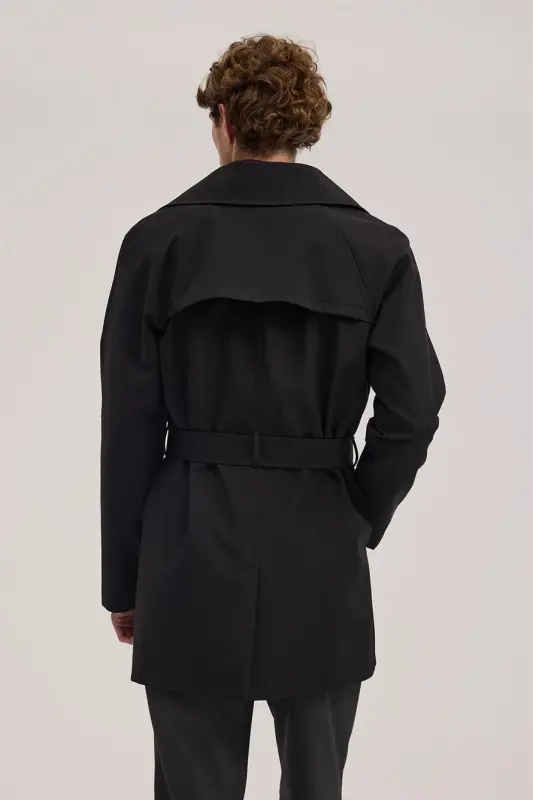 Siyah Comfort Fit Kruvaze Kemerli Trençkot - 4