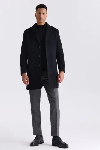 Siyah Comfort Fit Mono Yaka Yan Cep Kaşe Kaban - 2