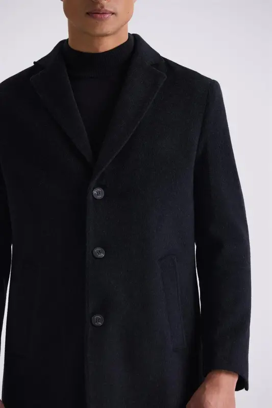 Siyah Comfort Fit Mono Yaka Yan Cep Kaşe Kaban - 3
