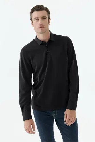 Siyah Comfort Fit Polo Yaka Sweatshirt - 1