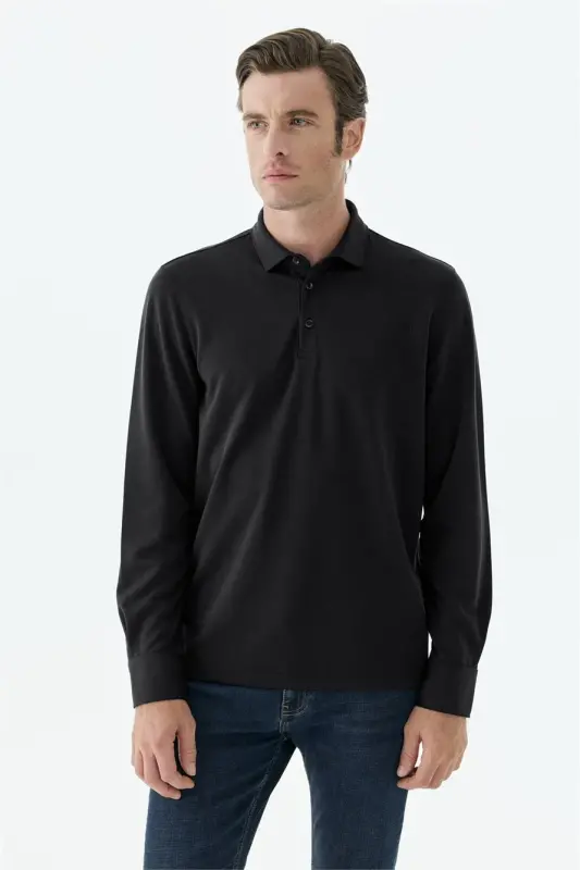 Siyah Comfort Fit Polo Yaka Sweatshirt - 2