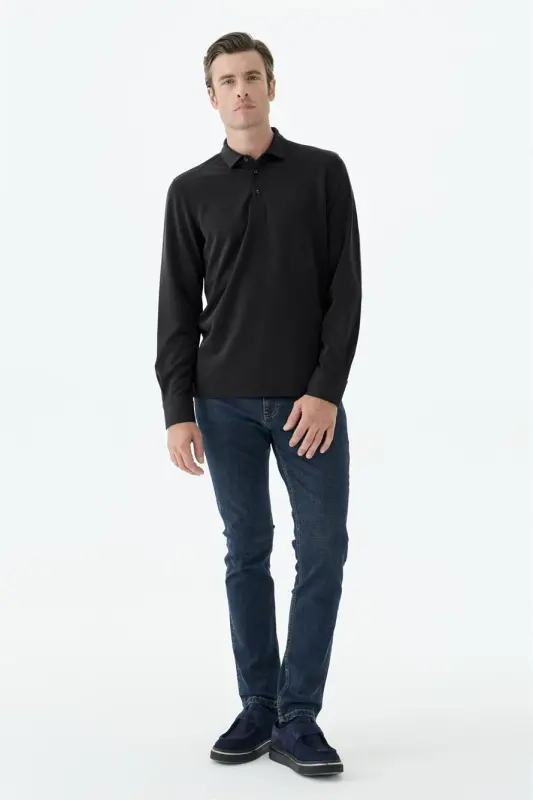 Siyah Comfort Fit Polo Yaka Sweatshirt - 3