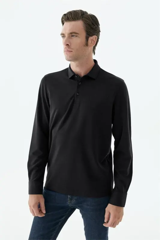 Siyah Comfort Fit Polo Yaka Sweatshirt - 4
