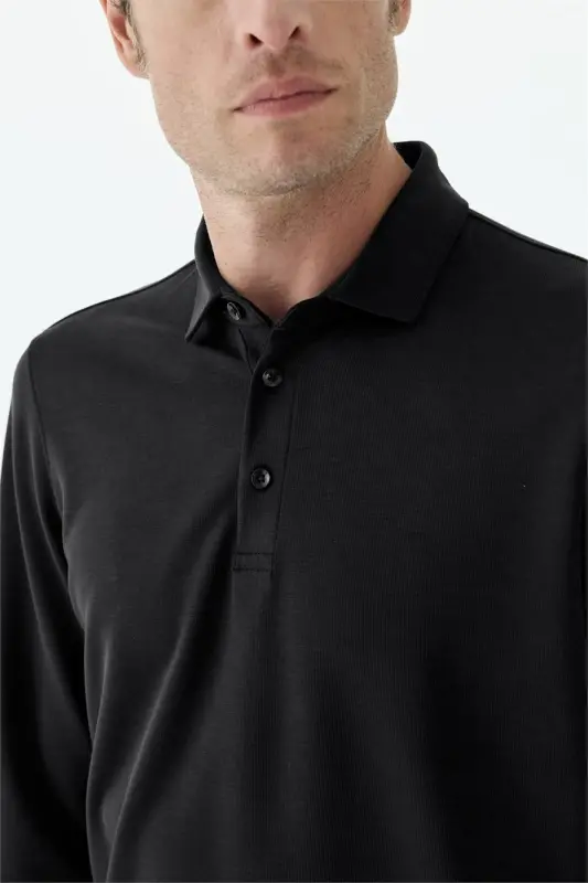 Siyah Comfort Fit Polo Yaka Sweatshirt - 5