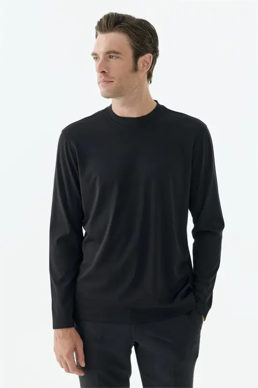 Siyah Comfort Fit Rayon Karışımlı Bisiklet Yaka Sweatshirt - 2