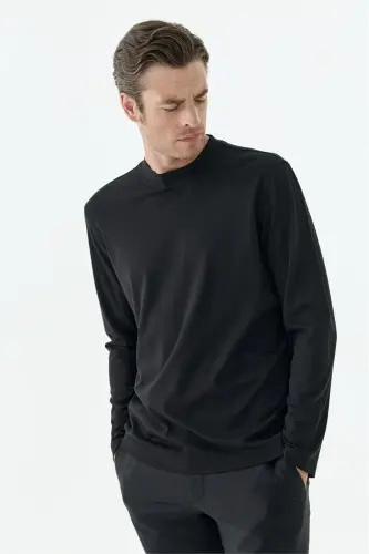 Siyah Comfort Fit Rayon Karışımlı Bisiklet Yaka Sweatshirt - 3
