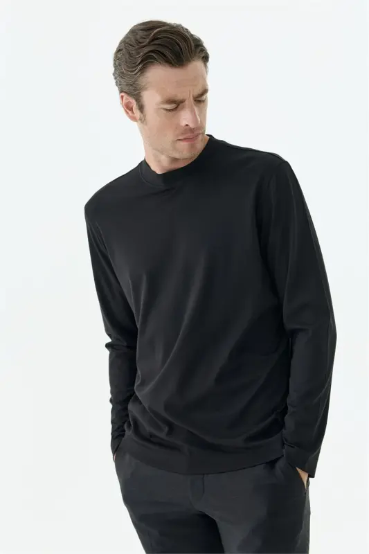 Siyah Comfort Fit Rayon Karışımlı Bisiklet Yaka Sweatshirt - 3