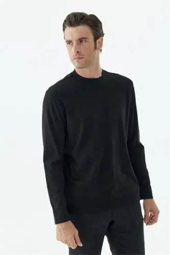 Siyah Comfort Fit Rayon Karışımlı Bisiklet Yaka Sweatshirt - 4