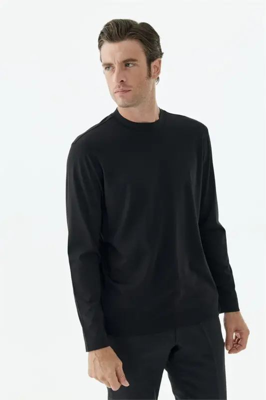 Siyah Comfort Fit Rayon Karışımlı Bisiklet Yaka Sweatshirt - 4