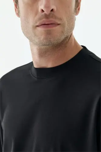Siyah Comfort Fit Rayon Karışımlı Bisiklet Yaka Sweatshirt - 5