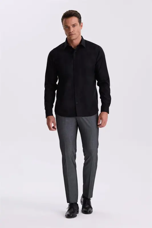 Siyah Comfort Fit Ütü Gerektirmeyen %100 Pamuk Non İron Gömlek - 2