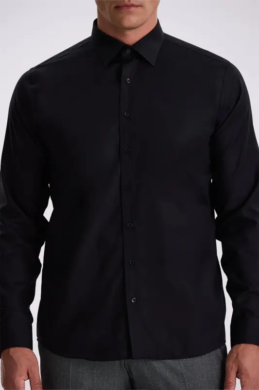 Siyah Comfort Fit Ütü Gerektirmeyen %100 Pamuk Non İron Gömlek - 3