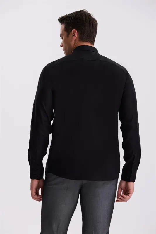 Siyah Comfort Fit Ütü Gerektirmeyen %100 Pamuk Non İron Gömlek - 4