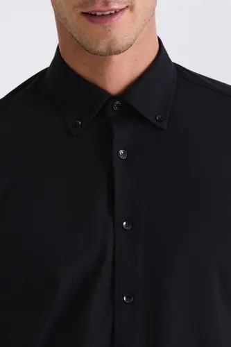 Siyah Comfort Fit Yaka Düğmeli Gömlek - 3
