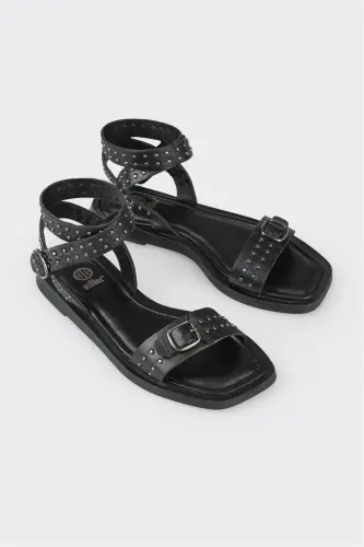 Siyah Deri Kadın Düz Sandalet-Siyah - ELLE (1)