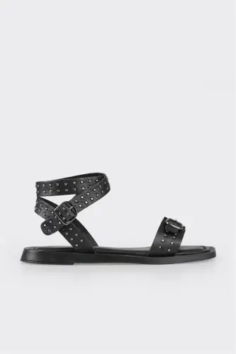 Siyah Deri Kadın Düz Sandalet-Siyah - 1