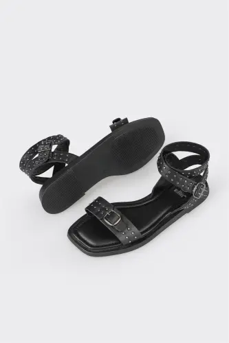 Siyah Deri Kadın Düz Sandalet-Siyah - 3