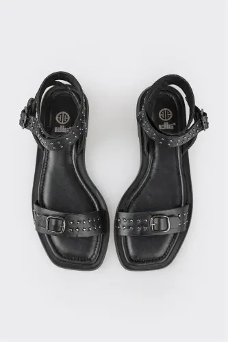 Siyah Deri Kadın Düz Sandalet-Siyah - 4