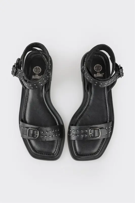 Siyah Deri Kadın Düz Sandalet-Siyah - 4