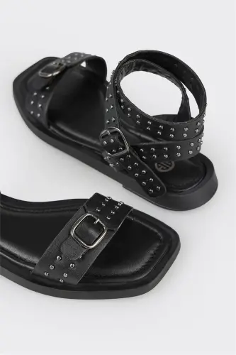 Siyah Deri Kadın Düz Sandalet-Siyah - 5