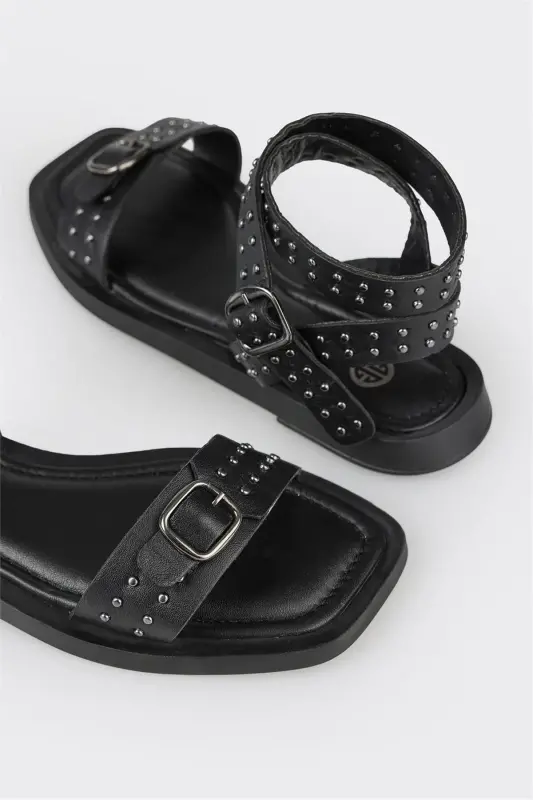 Siyah Deri Kadın Düz Sandalet-Siyah - 5