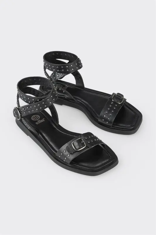 Siyah Deri Kadın Düz Sandalet-Siyah - 2