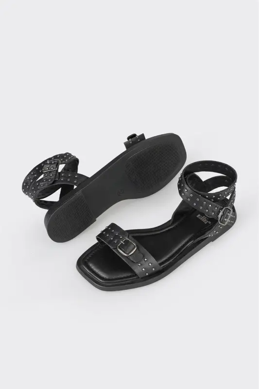 Siyah Deri Kadın Düz Sandalet-Siyah - 3