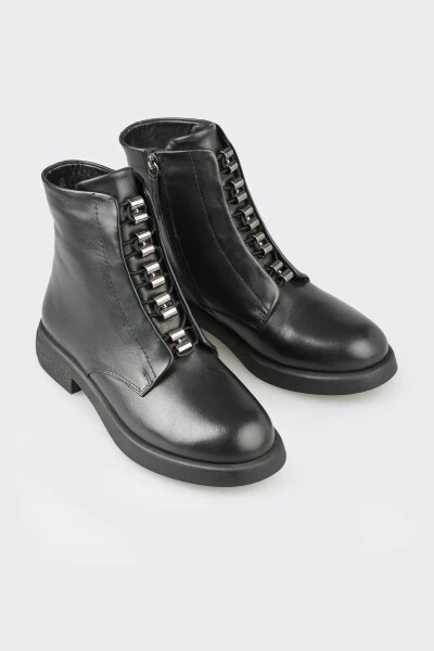 Siyah Deri Kadın Günlük Düz Bot - 2
