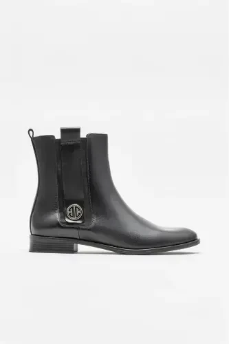 Siyah Deri Kadın Klasik Düz Bot - 4