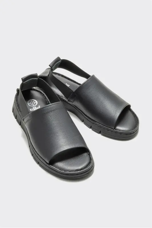 Siyah Deri Kadın Spor Sandalet - Siyah - 6