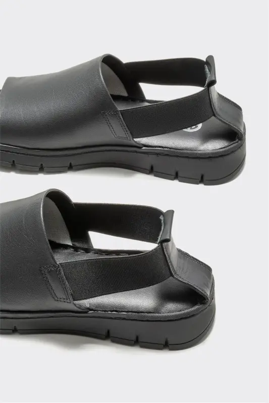 Siyah Deri Kadın Spor Sandalet - Siyah - 8